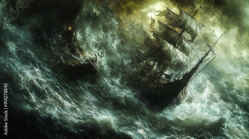 A pirate ship battling a kraken in stormy seas, top view
