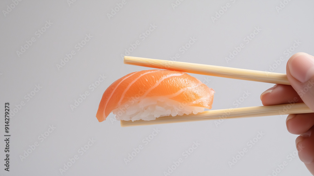 Closeup of a hand using chopsticks to hold a piece of fresh salmon sushi against a plain backdrop. A delicious and colorful depiction of traditional Japanese cuisine. Photo Closeup of a hand using chopsticks to hold a piece of fresh salmon sushi against a plain backdrop. A delicious and colorful depiction of traditional Japanese cuisine. Photo