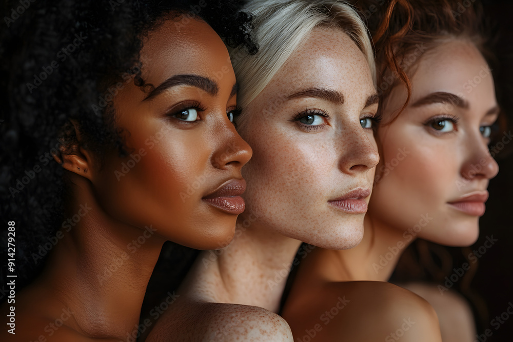 Photo featuring three women with diverse skin tones, freckles, and hair textures, styled for an advertising campaign with a minimalist background and neutral color palette Photo featuring three women with diverse skin tones, freckles, and hair textures, styled for an advertising campaign with a minimalist background and neutral color palette
