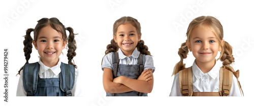 Portrait of children carrying backpacks to school