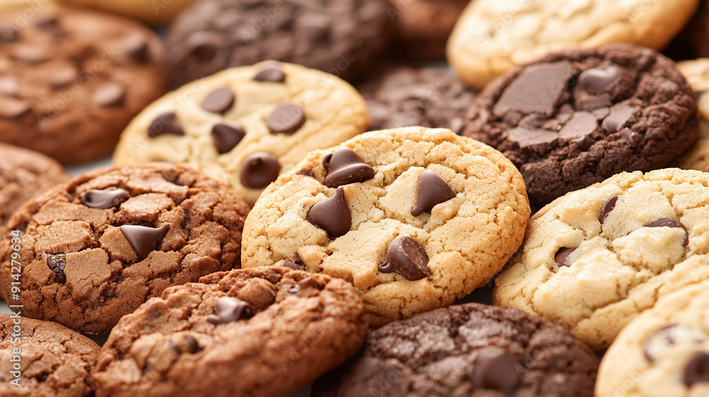 Close-up assortment of delicious chocolate chip and double chocolate cookies, ideal for snack time and dessert ideas, featuring rich flavors and textures. Photo with copy space Close-up assortment of delicious chocolate chip and double chocolate cookies, ideal for snack time and dessert ideas, featuring rich flavors and textures. Photo with copy space