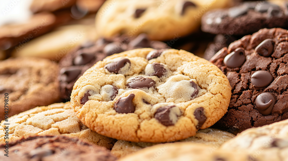 Tempting close-up of chocolate chip and double chocolate cookies assortment, perfect for snack time and dessert inspirations, offering a delectable treat. Photo with copy space Tempting close-up of chocolate chip and double chocolate cookies assortment, perfect for snack time and dessert inspirations, offering a delectable treat. Photo with copy space
