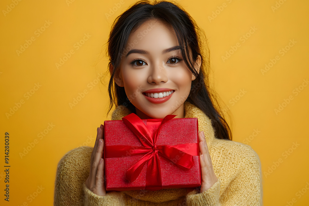 A close up portrait of a woman holding a Christmas gift against a yellow background A close up portrait of a woman holding a Christmas gift against a yellow background