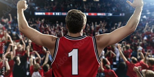 fan cheering in basketball stadium, blank red basketball jersey, black white trim, white number "1" 