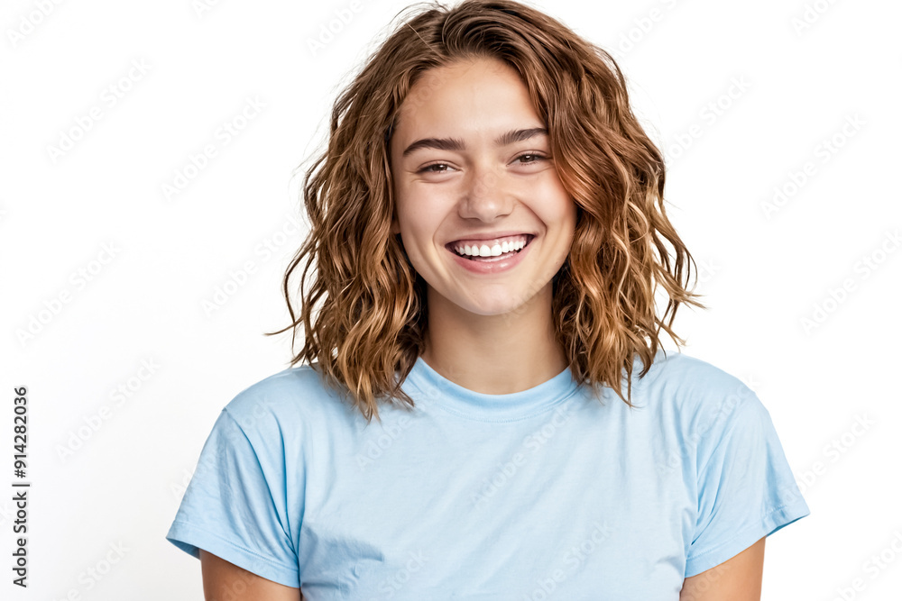 Happy young woman with curly hair and bright smile Happy young woman with curly hair and bright smile