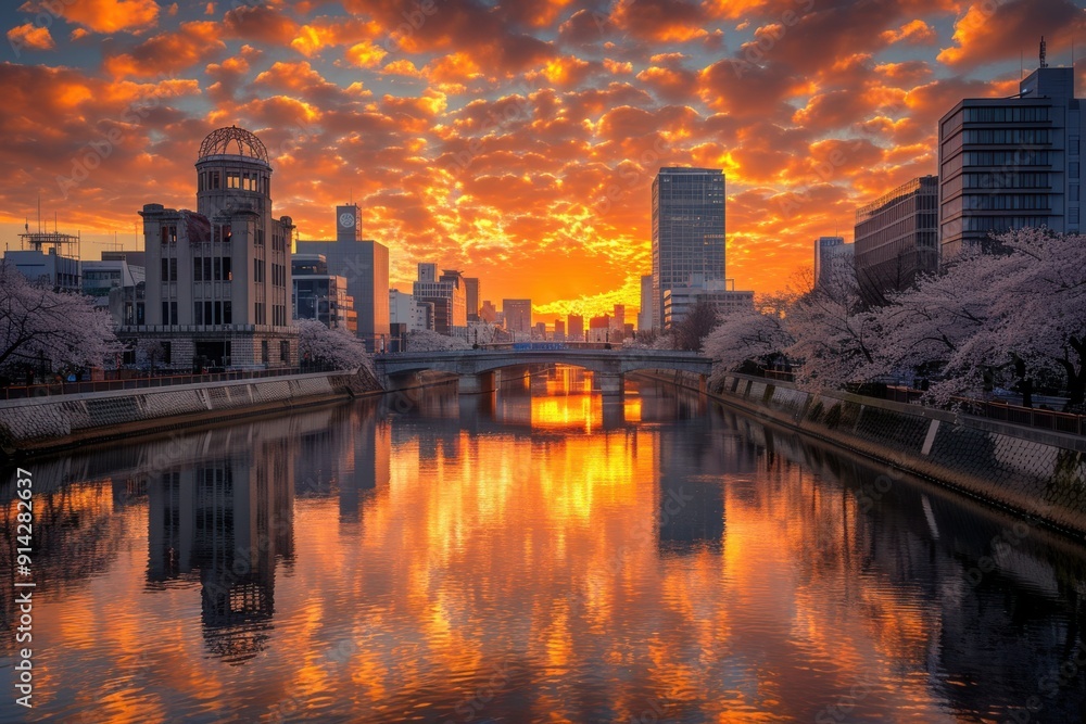 Fototapeta premium A photograph capturing the Hiroshima Peace Memorial (Atomic Bomb Dome) at sunset, with the structure silhouetted against a vibrant sky, symbolizing peace and remembrance. 