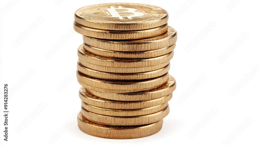 Stack of Gold Coins with Bitcoin Symbol on White Background Stack of Gold Coins with Bitcoin Symbol on White Background