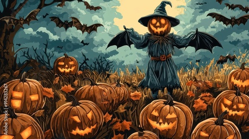 Spooky Pumpkin Patch with Scarecrow and Bats on Autumn Landscape photo