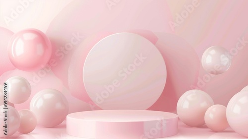 A pink podium surrounded by spheres of various sizes, creating an atmosphere of softness and lightness. This design would be suitable for conveying beauty product information