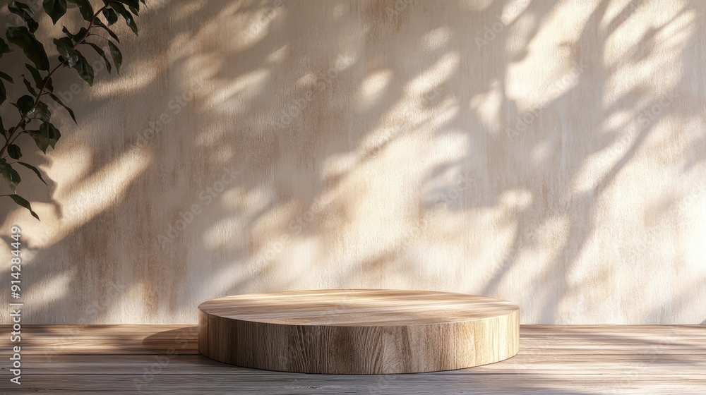 Fototapeta premium 3D podium with natural wood texture and soft lighting, organic and serene background