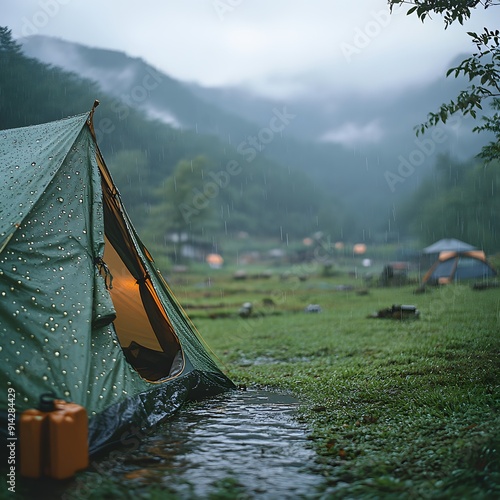 A tent with rain droplets glistening on its surface, set against a backdrop of misty mountains.