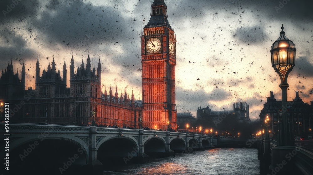 Naklejka premium A Glimmer of Hope in the City of London A Grainy, Low-Light Composition Featuring the Iconic Big Ben and a Distant Bridge, Illuminated by Streetlights