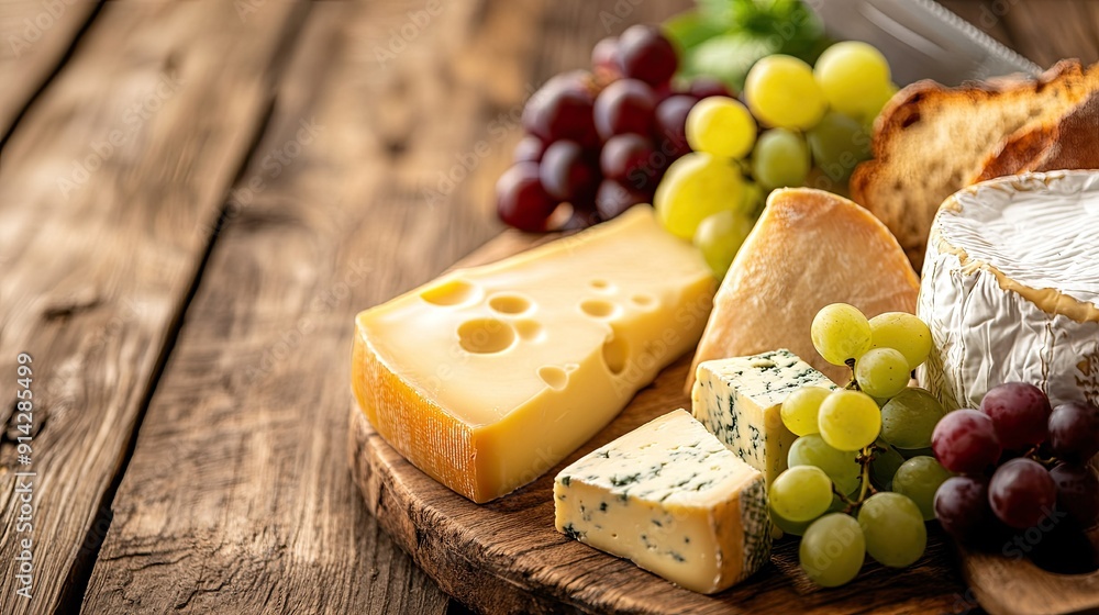 Selection of cheeses on a wooden board, complemented by grapes and bread, with plenty of space for text. Selection of cheeses on a wooden board, complemented by grapes and bread, with plenty of space for text.