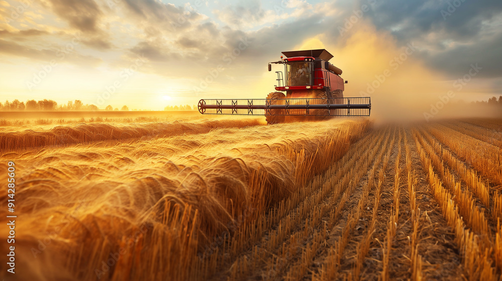 Fototapeta premium Harvesting wheat at sunset with a red combine harvester
