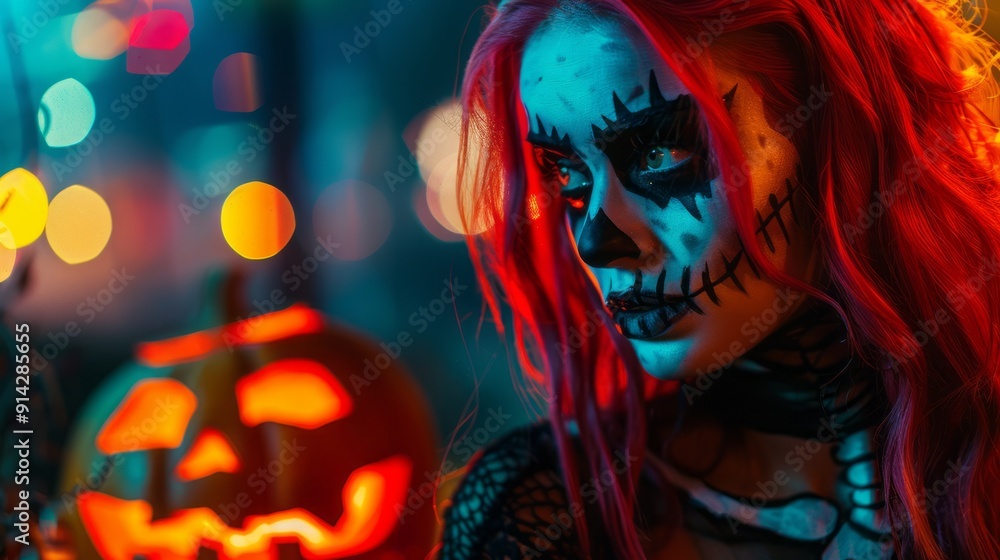 Woman with face paint and a Halloween pumpkin Woman with face paint and a Halloween pumpkin