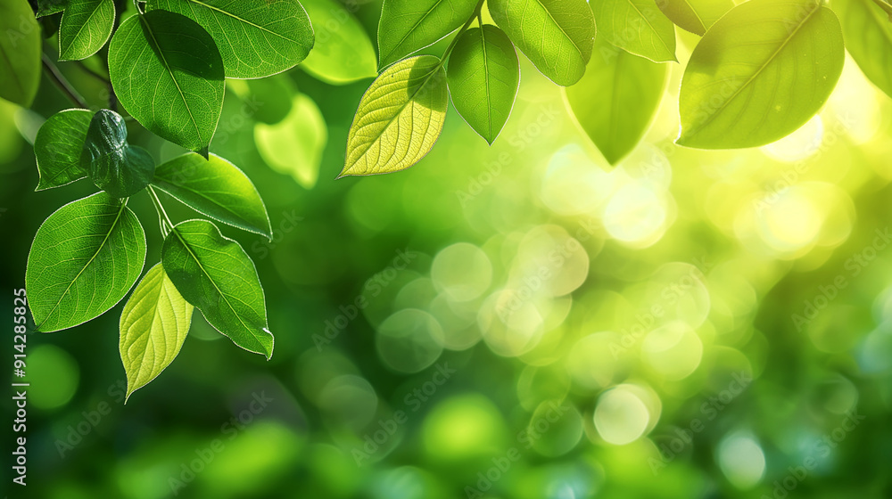 Close-up of fresh green leaves with sunlight and soft bokeh background Close-up of fresh green leaves with sunlight and soft bokeh background