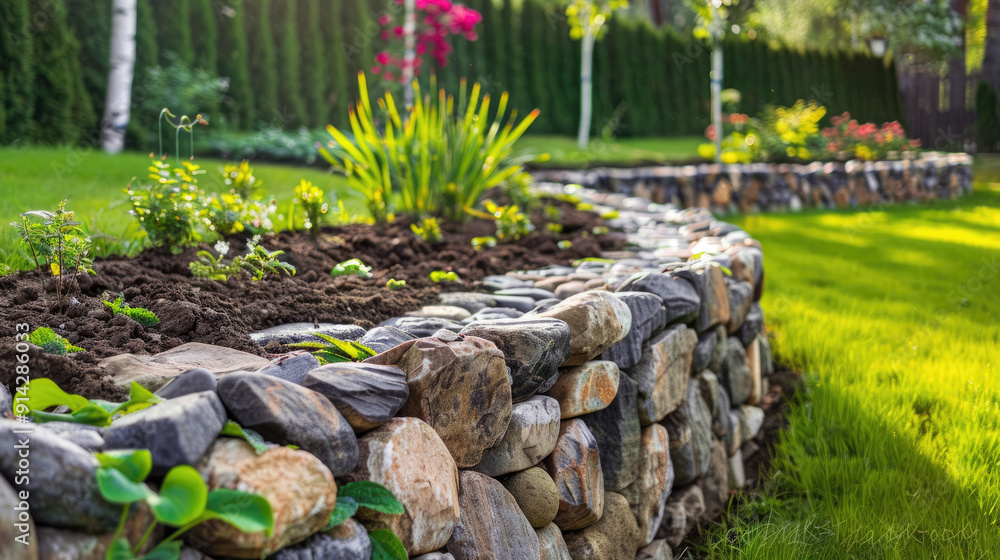 Beautiful terraced home garden, landscaped backyard with retaining walls in summer. Concept of landscaping, design, flower, stone, nature Beautiful terraced home garden, landscaped backyard with retaining walls in summer. Concept of landscaping, design, flower, stone, nature