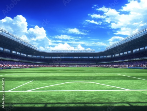 A Wide Shot Perspective of a Full Soccer Stadium with a Lush Green Field Under a Bright Blue Sky and Fluffy White Clouds (153 characters) Keywords Soccer, Stadium, Field, Green, Sky, Clouds, Perspecti