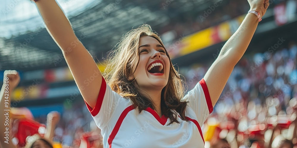 female fan cheering in stadium, white shirt with red trim female fan cheering in stadium, white shirt with red trim