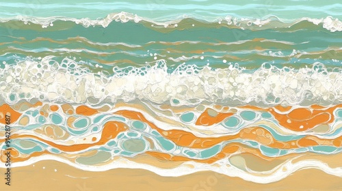 Abstract Coastal Landscape Acrylic Painting of Ocean Waves and Sandy Beach - Impressionistic Style, Coastal Art, Blue Green Orange, Summer Vibes, Beach Painting, Ocean Abstract, Texture