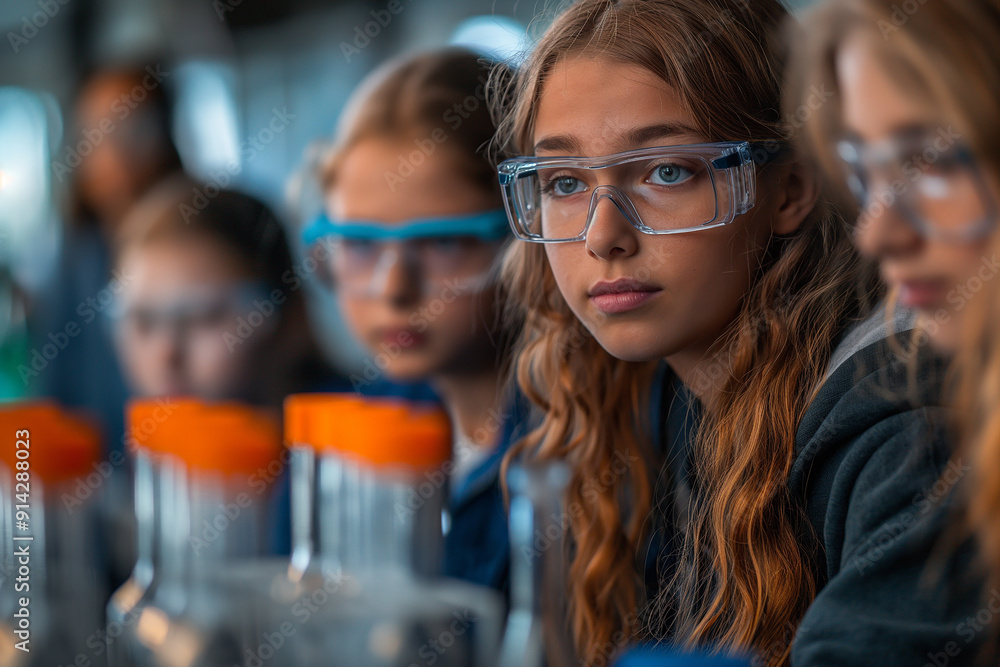 A group of young girls wearing safety goggles and looking at something A group of young girls wearing safety goggles and looking at something