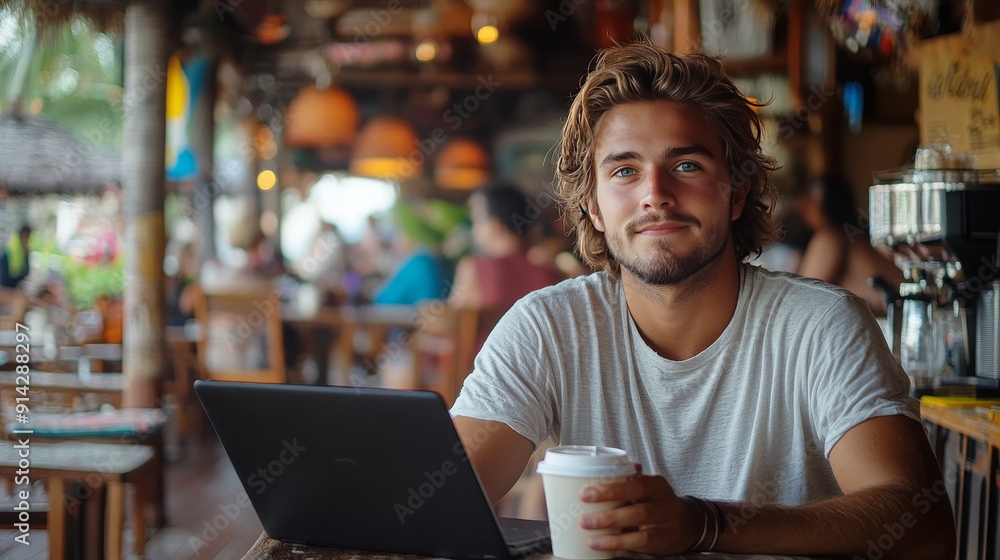 Digital nomad in Bali. A man on a business trip or vacation takes a coffee break in a busy cafe, working on his laptop as he sips. Young man holding mobile phone and coffee cup. Digital nomad in Bali. A man on a business trip or vacation takes a coffee break in a busy cafe, working on his laptop as he sips. Young man holding mobile phone and coffee cup.