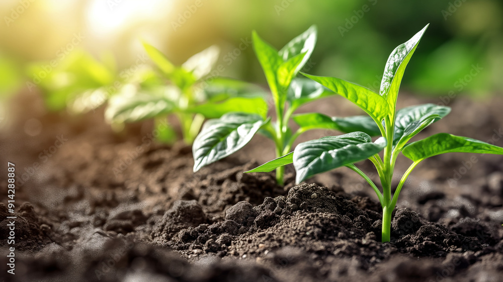 Natural banner with Young green plant seedlings growing in soil with sunlightYoung green plant seedlings growing in soil with sunlight Natural banner with Young green plant seedlings growing in soil with sunlightYoung green plant seedlings growing in soil with sunlight