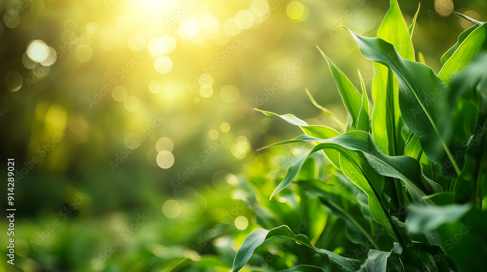 Fototapeta premium Natural banner with Young green plant seedlings growing in soil with sunlightYoung green plant seedlings growing in soil with sunlight