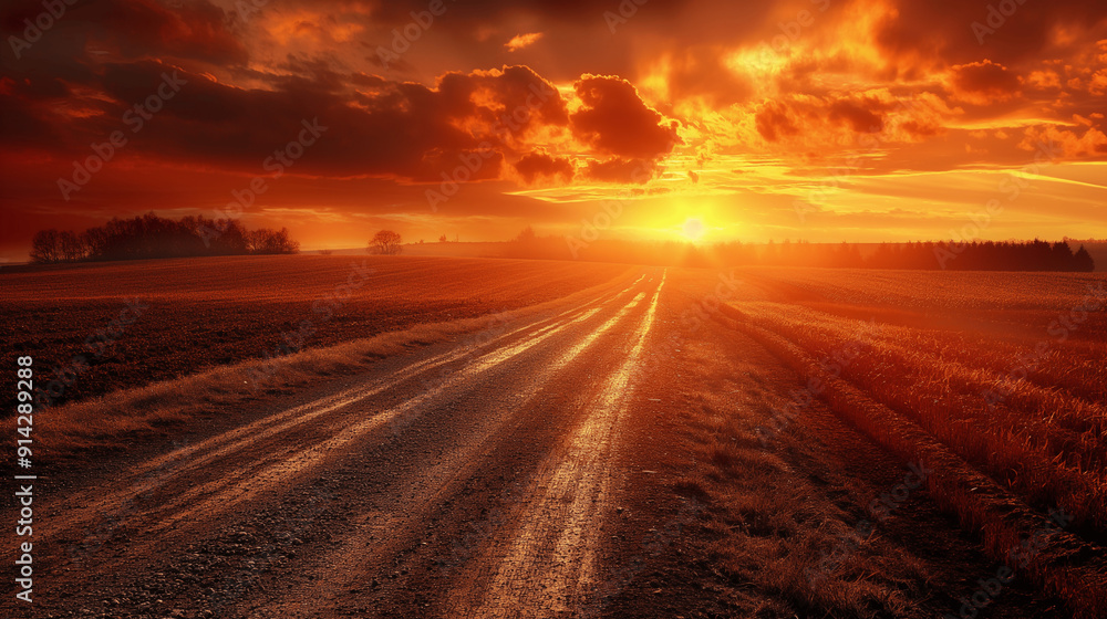 Fototapeta premium Dirt road through farmland at sunset with dramatic clouds and golden light