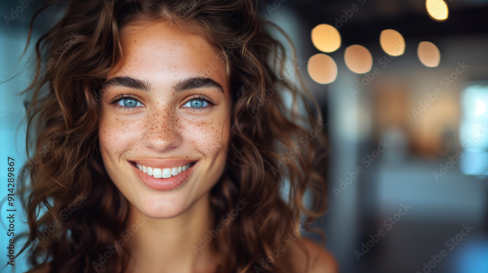 Close-up of a young woman with curly hair and bright blue eyes smiling warmly. Banner with empty copy space Close-up of a young woman with curly hair and bright blue eyes smiling warmly. Banner with empty copy space