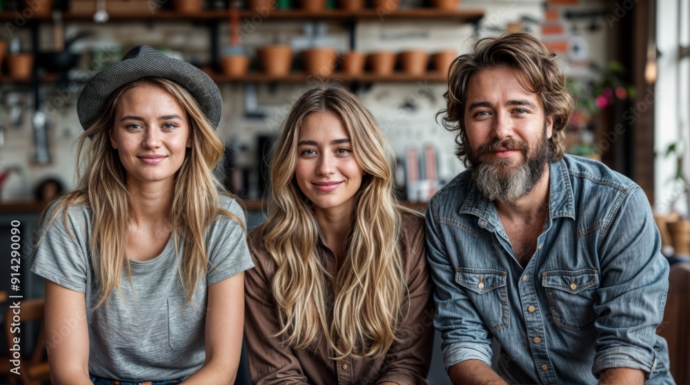 The image shows a young man and woman sitting together in a cafe or office The image shows a young man and woman sitting together in a cafe or office