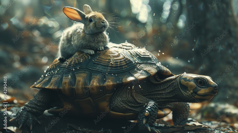 Obraz premium fast turtle carrying a rabbit on its back, AI generated