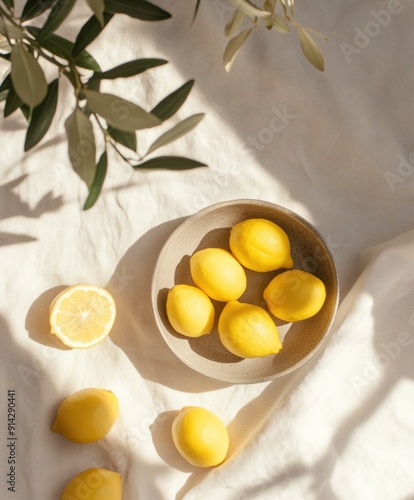 Wallpaper Mural Ceramic platter with fresh ripe lemons on a table covered with a light linen tablecloth with shade from olive branches. Top view. An unleavened light still life of a sunny day in southern Italy. Torontodigital.ca