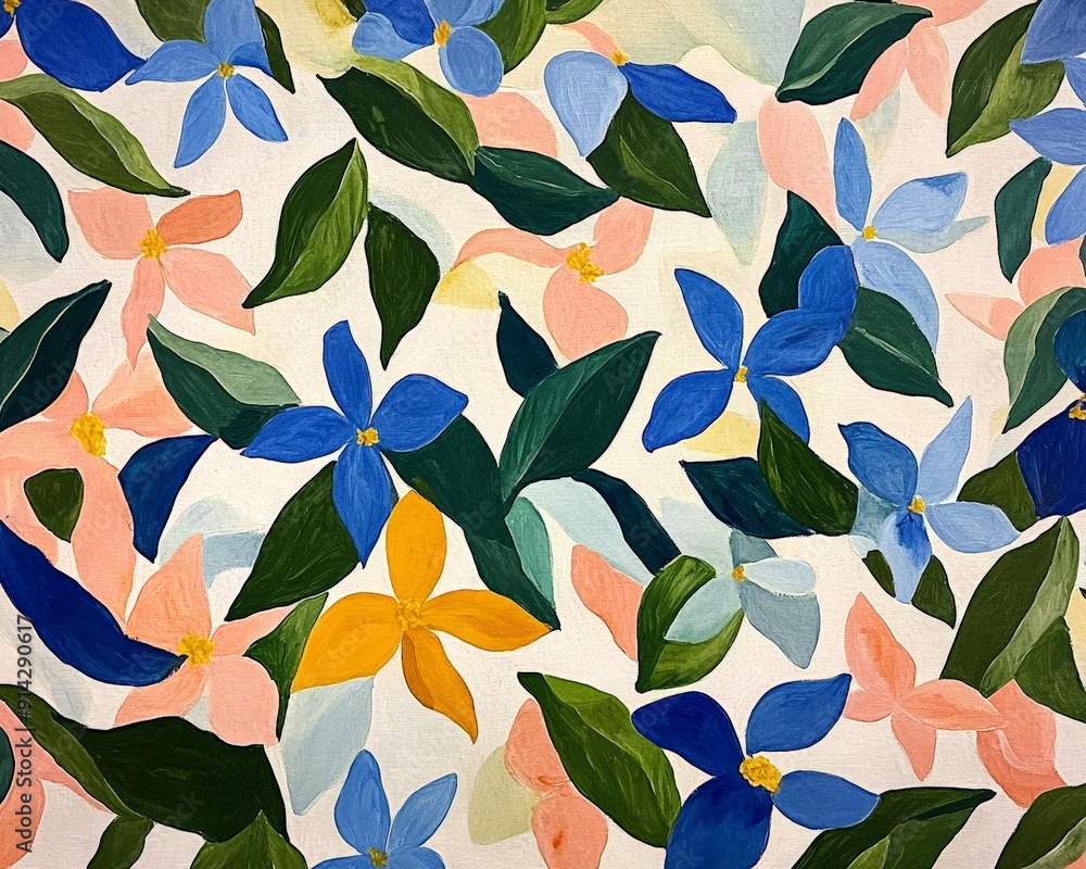 custom made wallpaper toronto digitalAcrylic Floral Abstract Blue, Pink, Yellow Blooms on White Canvas - Abstract floral painting, acrylic on canvas, featuring blue, pink, and yellow flowers with green leaves on a white background. - Abs