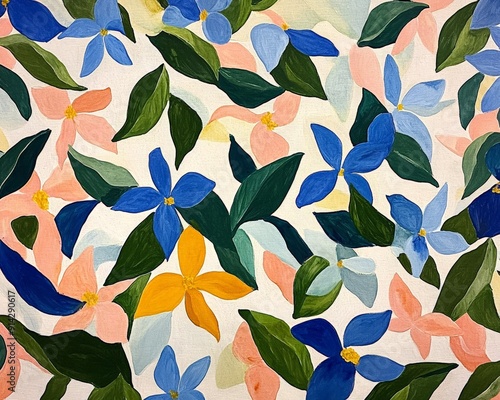 Wallpaper Mural Acrylic Floral Abstract Blue, Pink, Yellow Blooms on White Canvas - Abstract floral painting, acrylic on canvas, featuring blue, pink, and yellow flowers with green leaves on a white background. - Abs Torontodigital.ca