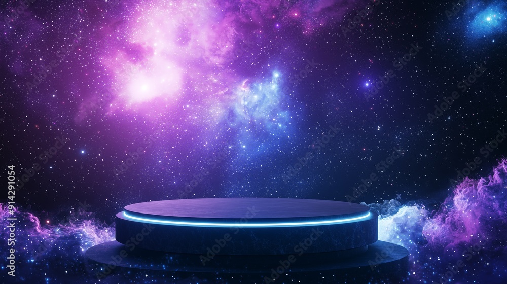 A photo of an empty 3D podium with glowing edges, set in the middle of the Milky Way galaxy A photo of an empty 3D podium with glowing edges, set in the middle of the Milky Way galaxy