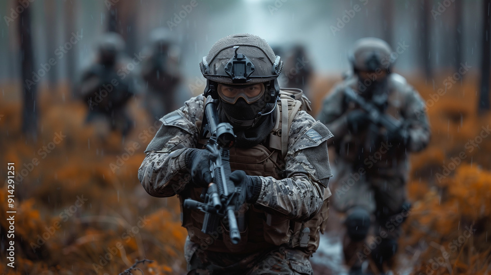 Military Patrol in the Mist: A group of soldiers, clad in camouflage gear and armed with rifles, advance through a misty forest, their faces obscured by masks, conveying a sense of determination and r Military Patrol in the Mist: A group of soldiers, clad in camouflage gear and armed with rifles, advance through a misty forest, their faces obscured by masks, conveying a sense of determination and r