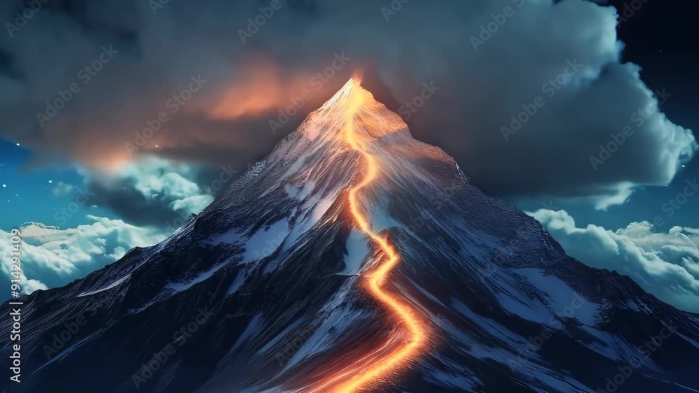 Snowy mountain peak with glowing lava at night, dramatic sky. Nature and adventure concept Snowy mountain peak with glowing lava at night, dramatic sky. Nature and adventure concept