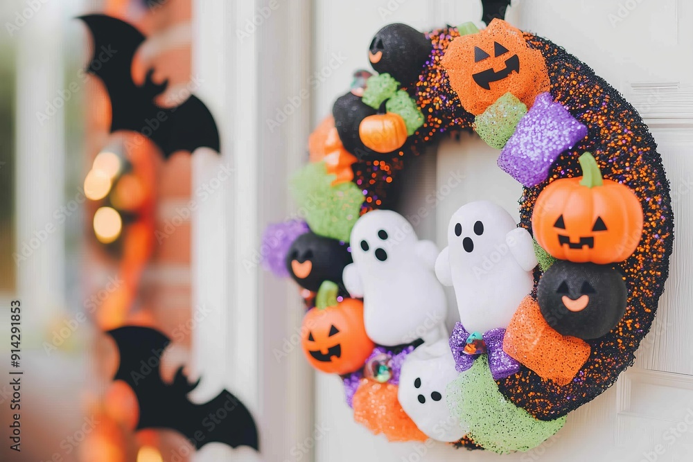 bright and colorful Halloween wreath hanging on a door, made with cheerful elements like mini pumpkins, colorful ribbons, and playful ghost ornaments bright and colorful Halloween wreath hanging on a door, made with cheerful elements like mini pumpkins, colorful ribbons, and playful ghost ornaments