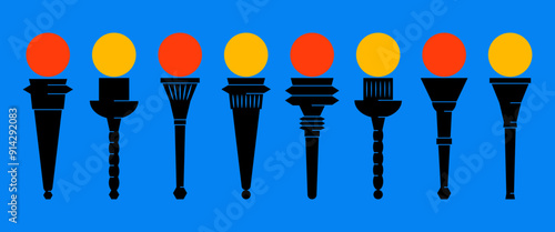 Set of Olympic flaming torches on white background. Symbols of relay race, competition victory.
