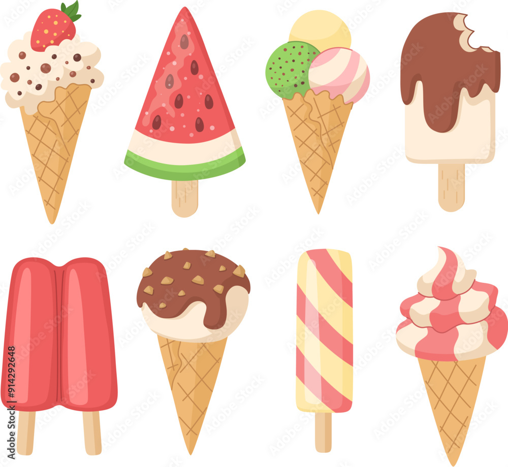 Ice cream collection. Cones, fruit ice, popsicle and double popsicle. Vector set on white background. Ice cream collection. Cones, fruit ice, popsicle and double popsicle. Vector set on white background.