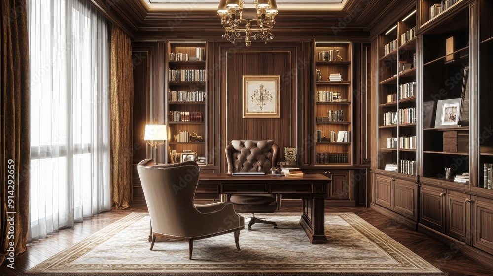 Elegant 3D study room with classic furniture and sophisticated decor, intellectual environment Elegant 3D study room with classic furniture and sophisticated decor, intellectual environment