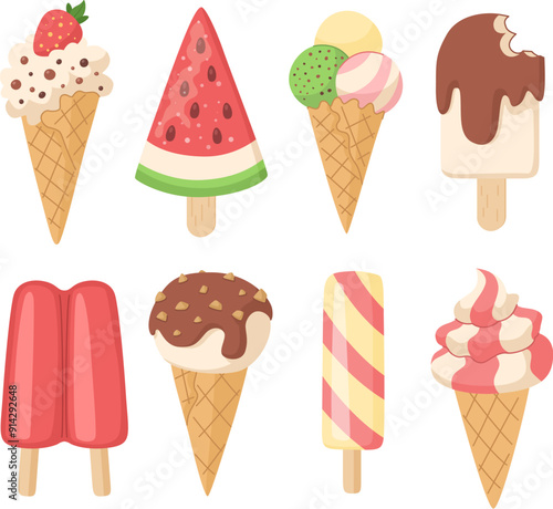 Ice cream collection. Cones, fruit ice, popsicle and double popsicle. Vector set on white background.