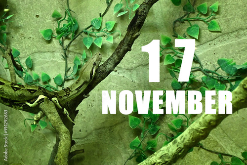 Calendar date on light green background with snake crawling on tree branch.  November 17 is the seventeenth day of the month photo