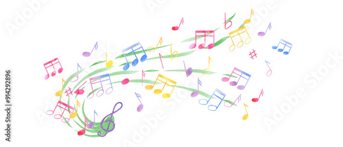Multicolored music notes, treble clef. Notes flying through the waves of music. Rainbow color of note symbols. International Music Day. Watercolor illustration in classic style. For poster, postcard