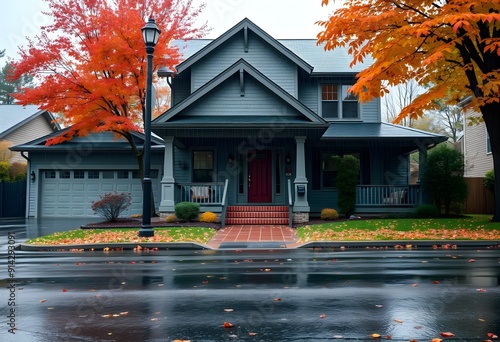 Exterior of a house with front door, white siding, and a covered porch. The house is surrounded by lush green landscaping including trees, shrubs,  photo