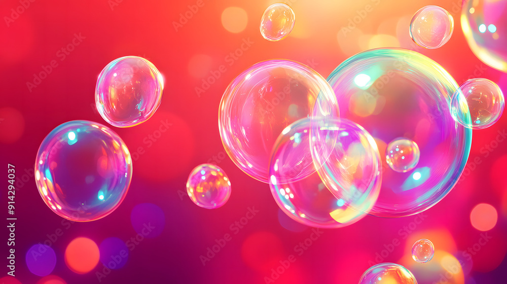 Vivid and playful vertical background with an array of large and small colorful soap bubbles against a striking red background Vivid and playful vertical background with an array of large and small colorful soap bubbles against a striking red background