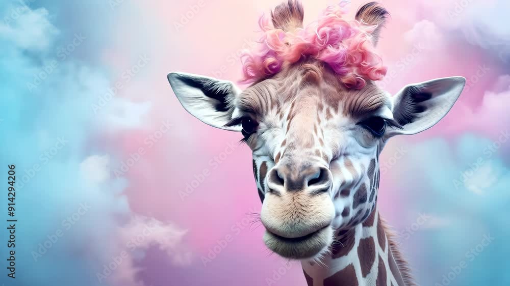 Giraffe with curly pink hair in dreamy pastel clouds, whimsical concept Giraffe with curly pink hair in dreamy pastel clouds, whimsical concept