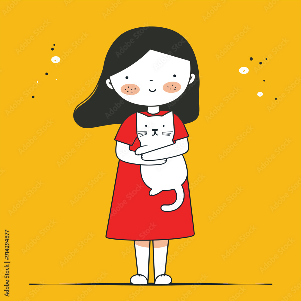 Little girl in a red dress holding a white cat, cheerful and bright illustration.
Little girl in a red dress holding a white cat, cheerful and bright illustration.