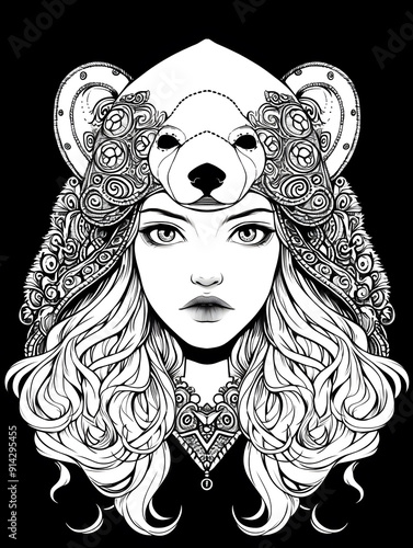 Beautiful womans face wearing bear costume art nouveau illustration photo